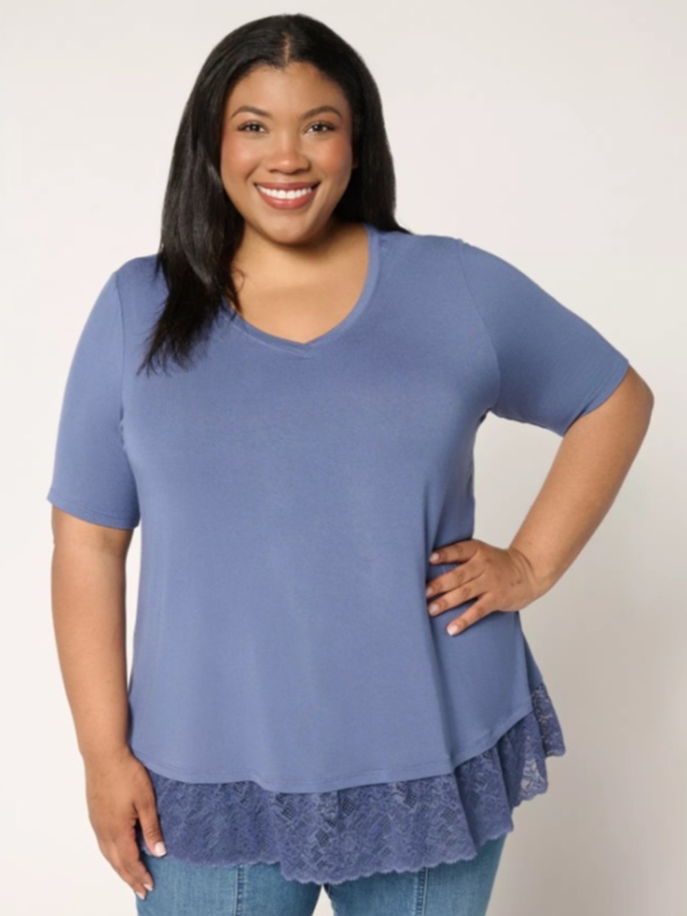 LOGO Layers by Lori Goldstein Elbow Sleeve Lace Hem Top size large